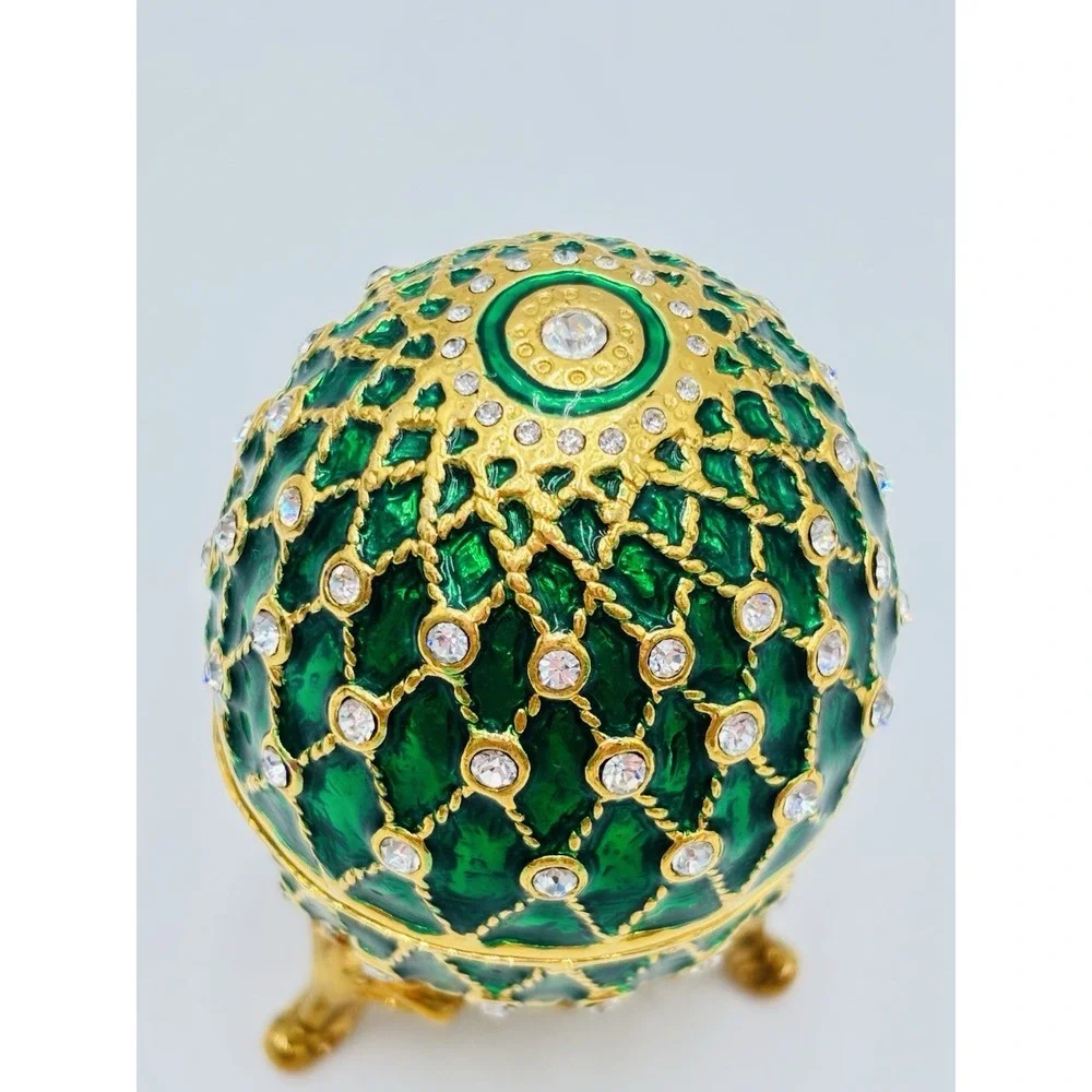 Jeweled Egg Trinket Box Green Enamel Rhinestone Gold Tone Hinged Decorative